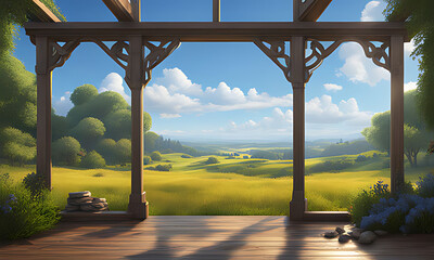 A serene view of a field seen from the porch of a house, offering a peaceful and picturesque scene.