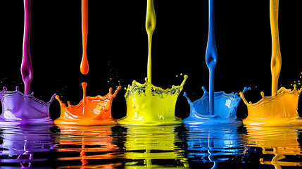 Colorful paint streams frozen in time, splashing up from a reflective surface against a black background.