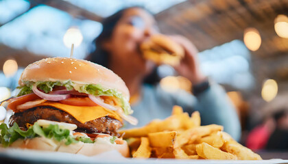 A woman eating fast food. Appetizing meat burger and fries