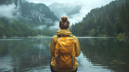 Back view of a young woman with a yellow backpack standing on the shore of a mountain lake and enjoying the view