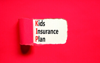 KIP kids insurance plan symbol. Concept words KIP kids insurance plan on beautiful white paper. Beautiful red paper background. Business KIP kids insurance plan concept. Copy space.