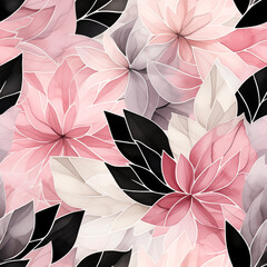 Watercolor seamless floral pattern in shades of pinkб black and grey colors.