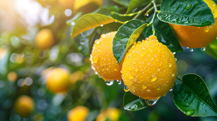 Ripe orange fruit on the tree with dew drops in the morning.
