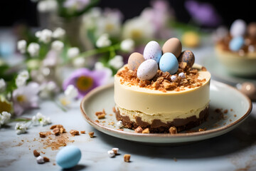 Easter Mini Egg Cheesecake, A creamy cheesecake with Mini Egg topping - obrazy, fototapety, plakaty