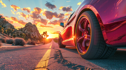 Sports Car Sunset Drive Through Desert Road.