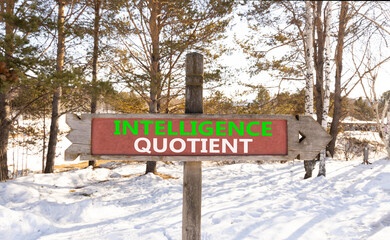 IQ intelligence quotient symbol. Concept words IQ intelligence quotient on wooden road sign. Beautiful forest snow blue sky background. Business psychology IQ intelligence quotient concept. Copy space
