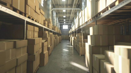 A warehouse with many boxes stacked on shelves