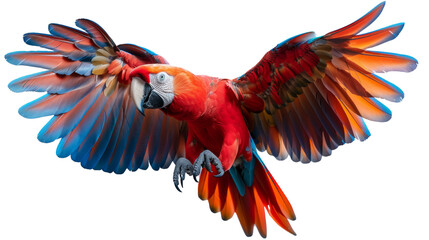  Flying Scarlet Macaw Parrot on Transparent Background - obrazy, fototapety, plakaty