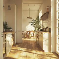 A kitchen with a wooden floor and white cabinets