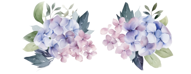 Beautiful watercolor floral bouquets with hydrangea flowers and eucalyptus branches