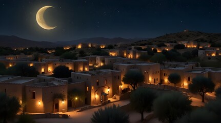 Fototapeta na wymiar A serene village with lanterns hanging from olive trees under a starry night sky. The crescent moon marks the start of Ramadan.generative.ai 