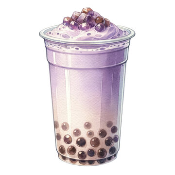 A cup of taro bubble tea with whipped cream and purple popping boba on transparent background.