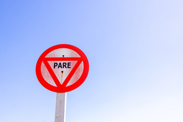 A warning road sign in the town of Varadero in Cuba saying Pare which is the Spanish word for STOP