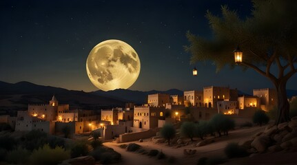 A serene village with lanterns hanging from olive trees under a starry night sky. The crescent moon marks the start of Ramadan.generative.ai  - obrazy, fototapety, plakaty