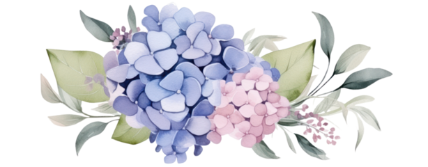 Beautiful watercolor floral bouquets with hydrangea flowers and eucalyptus branches