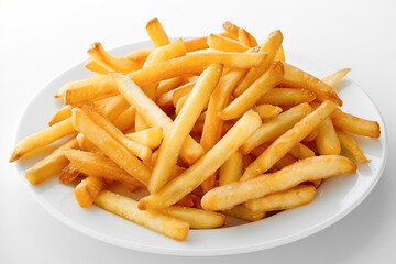 Delicious looking French fries. Salted potato fry in a white bowl on a white isolated background. Pile of frites. Golden homemade deep fried salty french fries serving on a plate. Very good chips - obrazy, fototapety, plakaty