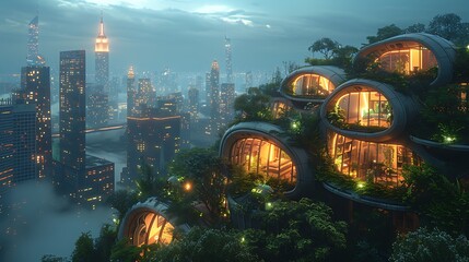 A futuristic charging hub nestled amidst an urban jungle of skyscrapers
