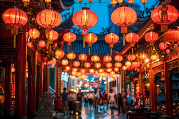 A vibrant street scene during the Chinese New Year, with red lanterns and festive decorations. Ai generated