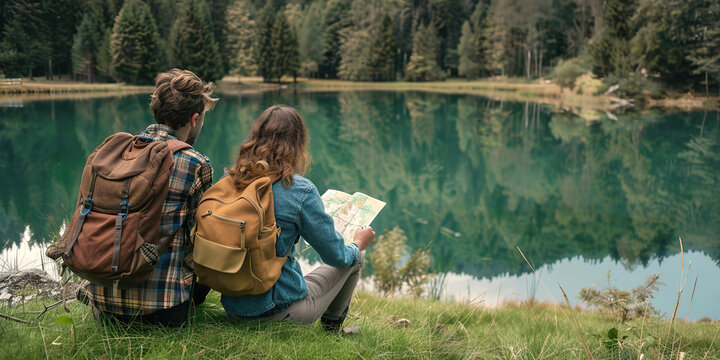 Beautiful young tourist couple with map looking at the mountain lake. Summer trip in nature. Lifestyle, togetherness, active life concept. Travelers with backpacks relaxing after hiking. Tourism