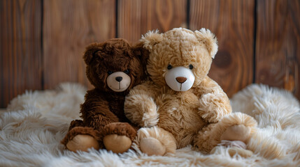 Two teddy bears sitting on a fluffy blanket. On a wooden background.