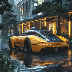 A futuristic, self-driving taxi pulling up to a curb in front of a sleek, modern building