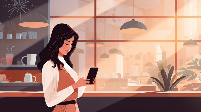 A stylish woman engrossed in her smartphone within the cozy ambience of a modern café, bathed in warm sunlight.