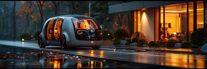 A futuristic, self-driving taxi pulling up to a curb in front of a sleek, modern building