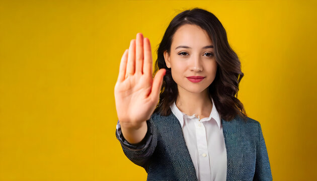 Portrait of an assertive woman with a stop halt hand gesture on yellow background.