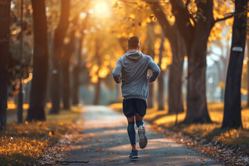 Fototapeta premium Young man running in park on sunny autumn day at fall season. Mid adult athletic man jogging on autumnal nature background outdoor. Health and fitness. sporty male exercising in city park on the path