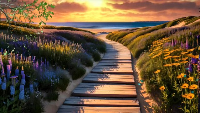 Wooden path with flowers on beach background at sunset