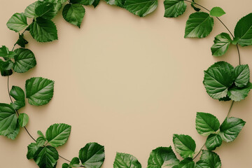 Fototapeta premium circular frame made from green leaves on a beige background, in a flat lay style