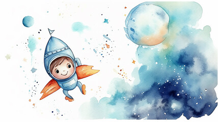 children's illustration of a child watercolor astronaut on a white background, a fairy tale about space flight - obrazy, fototapety, plakaty