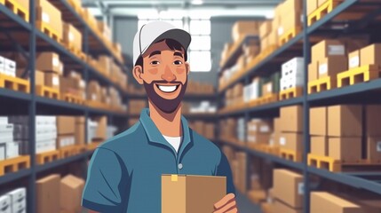 Male warehouse worker with a large box. - obrazy, fototapety, plakaty