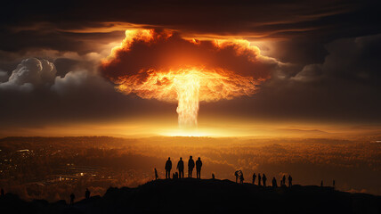 silhouettes of a group of people against the background of a nuclear explosion on the horizon, abstract fictional graphics, apocalypse threat of destruction concept - obrazy, fototapety, plakaty