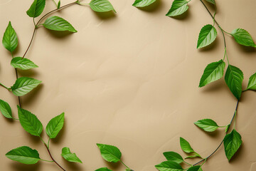 circular frame made from green leaves on a beige background, in a flat lay style