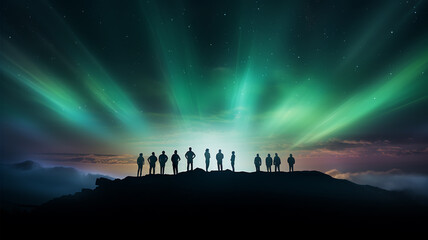 northern lights in the night sky, aurora borealis, a group of people watching the night landscape with a multicolored glow in the sky