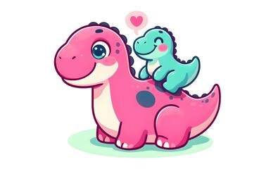 Fototapeta premium Cheerful Cartoon Dinosaurs: A Smiling Mother and Her Happy Baby