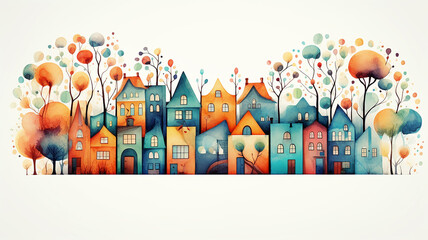 Obraz premium a row of colorful watercolor houses, a city street is a simple multicolored illustration for a children's book