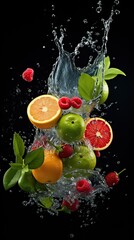 Beautiful berries and fruits falling with splashes into the water. On a dark background.