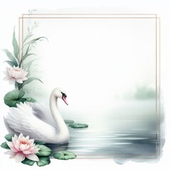 Obraz premium Elegant Swan on Serene Water with Blooming Lotuses