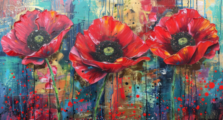 Pintura al oleo sobre lienzo con tres amapolas rojas y fondo de colores abstracto