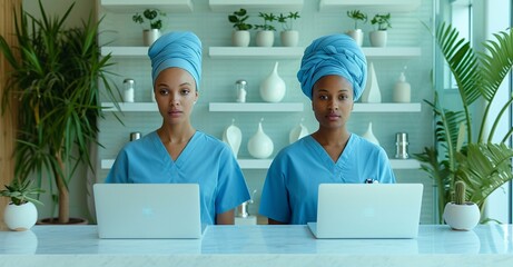 two beautiful female doctors smile at the reception desk at the hospital