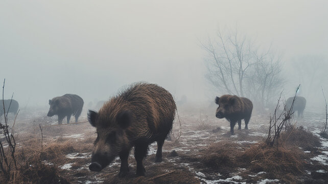 wild boars in winter nature, wild nature