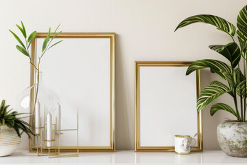 Two framed white pictures sit on a table next to a vase and a potted plant