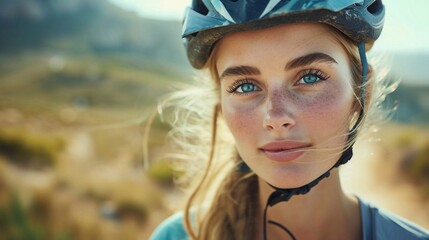 Girl on a mountain bike on offroad, beautiful portrait of a cyclist at sunset, Fitness girl rides a modern carbon fiber mountain bike in sportswear. Close-up portrait of a girl in a helmet