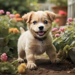 A delightful puppy enjoys a playful romp in the garden.