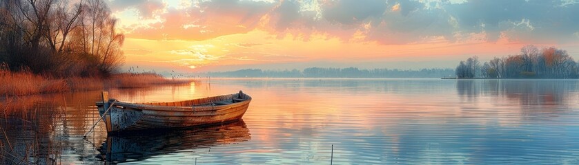 Tranquil Lake Sunset with Old Boat - obrazy, fototapety, plakaty