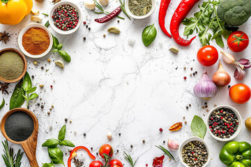 A close up of a table with various types of spices and vegetables. Generated AI - Powered by Adobe