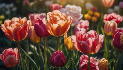 Beautiful radiant rose and tulip flowers in full bloom, close up. Natural summery texture for background.