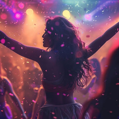 A woman is dancing in a club with confetti falling around her